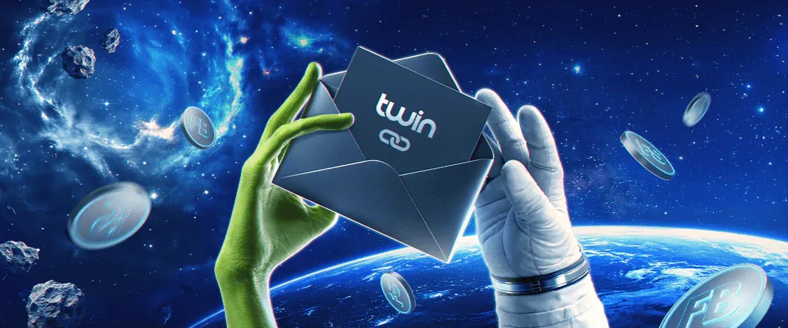 Twin Casino promo artwork: a Twin-branded envelope handed over above Earth