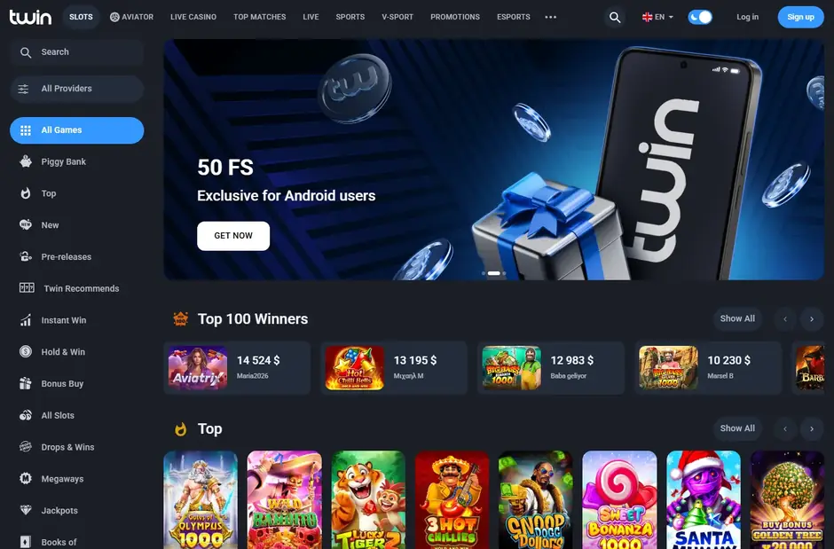 Twin Casino homepage with the Log in and Sign up buttons in the top right of the header
