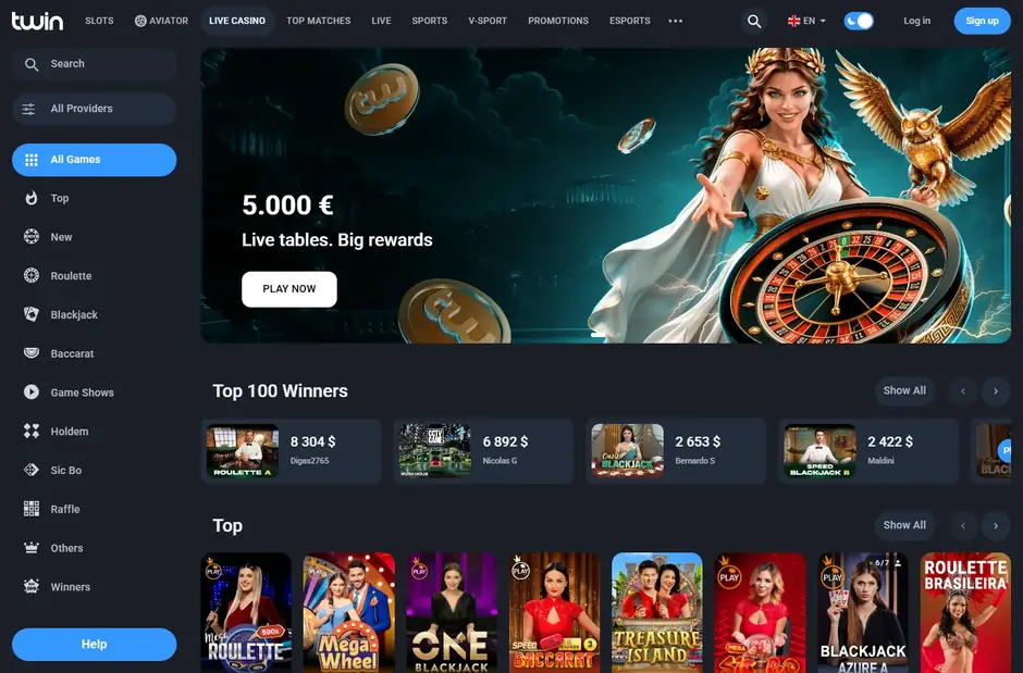 Twin Casino live dealer lobby listing roulette, blackjack and baccarat tables