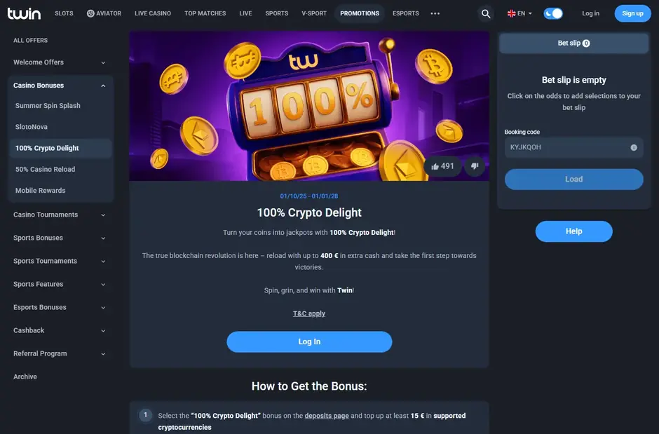 Twin Casino offer page showing promotion dates, a terms link and a numbered activation guide