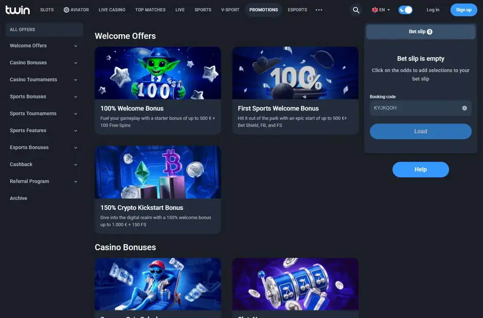 Twin Casino promotions page listing welcome offers and casino bonuses