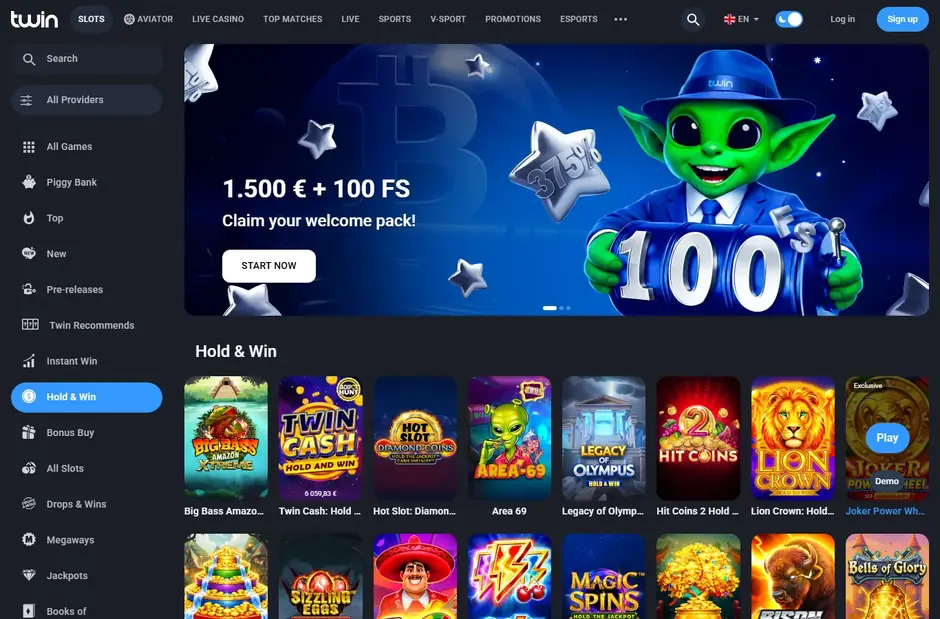 Twin Casino slots lobby with the category rail on the left and the Hold and Win game grid
